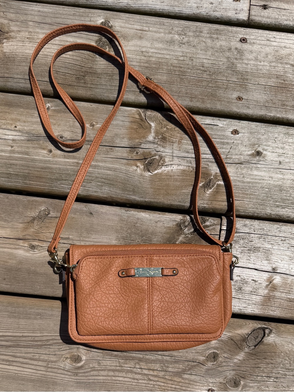 Jessica Simpson Cognac Brown Crossbody Bag Faux Leather Leopard Lining